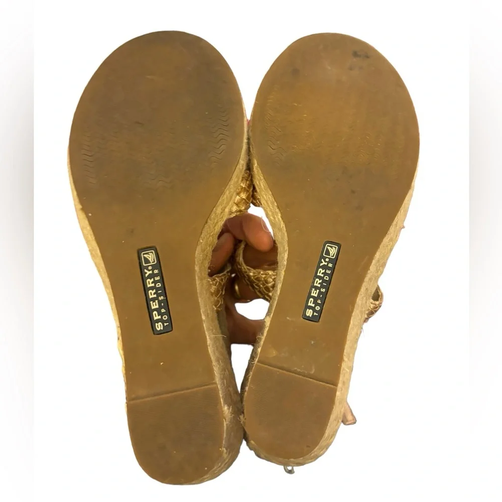 Sperry Women’s Gold Top-Sider Wedge Leather Gold Ankle Strap Espadrille Size 8.5